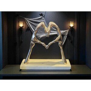 New LRG Metal Marble Skeleton Heart Hands Sculpture Love Halloween Holiday Decor